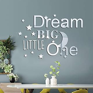 DIY 3D Acrylic Mirror Wall Stickers, MOCOLOM Dream Big Little One Mirror Combination Wall Decal, Removable Stars Moon Mural Decoration for Decor Kid Baby Nursery Home Living Room Bedroom (Silver)