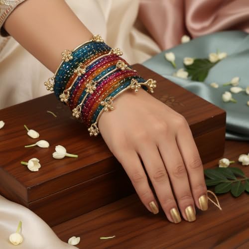 Image of Kashmiri Ghangharoo Glass Bangle| Light Weight Bangles | Traditional Transparent Fancy Glass Chudi Set for Wedding, Party|Set Of 16(12 Glass + 4 ghungroo bangles)