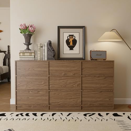 Bobve 63\" W 9 Walnut Drawer Dressers, Large Dresser Organizer for Bedroom, Wooden Long Dressers & Storage Chests of Drawers, Modern Wide Dresser