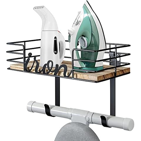 TJ.MOREE Hanger wall mount - Laundry Room Iron and ironing board Holder, Metal with Large Storage Wooden Base Basket and Removable Hooks (Black) Cover