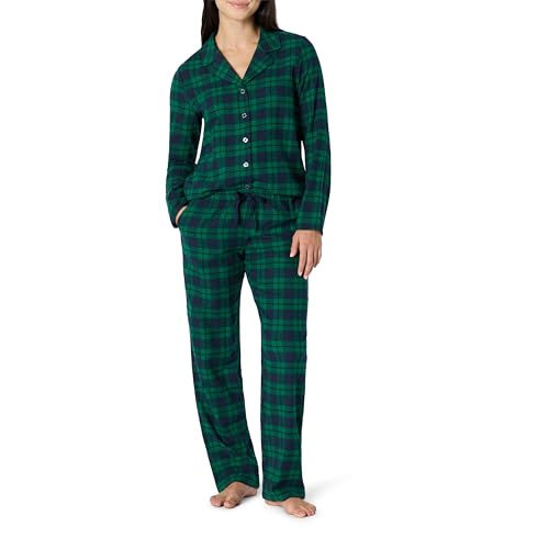 Amazon Essentials Women's Family Matching Holiday Pajamas, Dark Emerald Green Navy Plaid, Medium