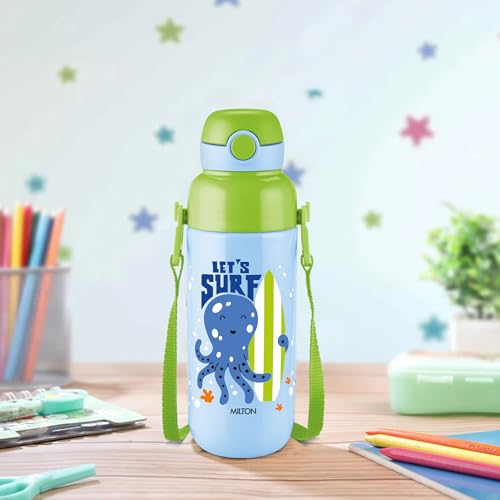 Image of Milton Steel Indus 600 Thermoware PU Insulated, 500 ml Water Bottle with Straw for Kids, Leak Proof Flip Top Sipper Lid Bottle, School, Picnic, Easy to Carry Belt, Sky Blue