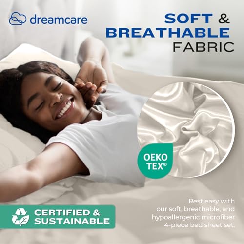 Image of DREAMCARE Full Size Sheets - Cooling Sheets - 4pcs Set - up to 21 inch Deep Pocket Full Sheet Set - Sheets Full Size Bed - Soft & Long Lasting 100% Fine Brushed Polyester with Side Pocket - Ivory