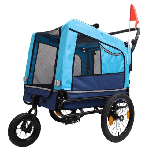 Aidek Blue Dog Stroller and Bicycle Trailer, Outdoor Heavy Duty Foldable Pet Carrier with Mesh Windows, 2-in-1 Bike Cart for Medium and Large Dogs