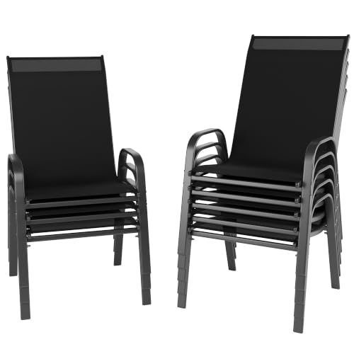 Image of Betterhood Patio Chairs Set of 8, Stackable Outdoor Dining Chairs Set with Breathable Seat Fabric, All-Weather Powder-Coated Metal Frame for Pool Side, Backyard, 350LBS Capacity (Black, Set of 8)