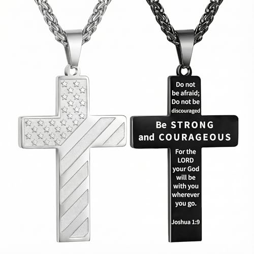 RINHOO 2cps American Flag Cross Necklace for Men Inspirational Bible Verse Cross Pendant Stainless Steel Religious Christian Necklace (Silver+Black-Do not) - image 1