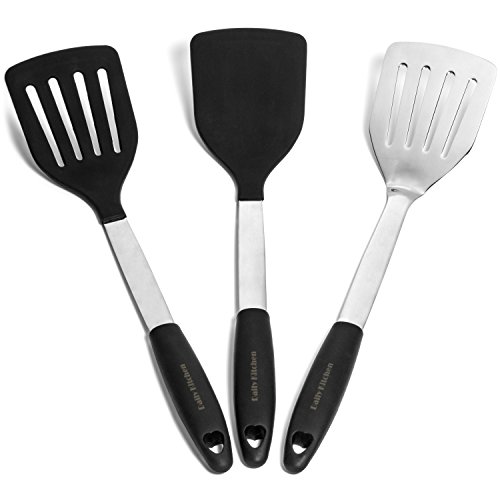 Daily Kitchen Spatula Set Heat Resistant Silicone and Stainless Steel - Turner Spatulas Rubber Grip - Flexible Silicone Spatulas for Cooking and Grilling - Pancake Turners, Egg Flippers - 3-Piece Set