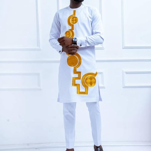 African Suits For Men 2 Piece Pants Sets White Long Top Shirts And Solid Color Pants Fashion Outfits2