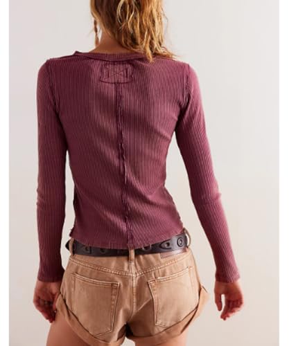Image of Women's Slim Fitted Cardigan Ribbed Knit Long Sleeve Button Down Shirt Crewneck Y2K Blouse Tops,WineRed,S