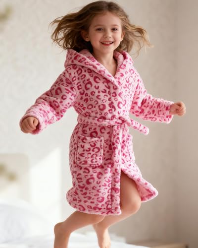 Image of Girls Fleece Hooded Robes, Warm Printed Bath Robe for Kids Soft Fuzzy Bathrobe for Gifts