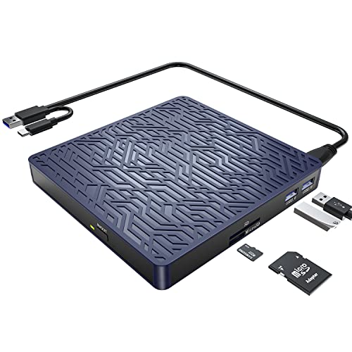 LPUNCD Lecteur CD DVD Externe USB 3.0 & Type-C, 5 en 1 Graveur CD DVD Externe PC avec 2 Ports USB, 1 Micro USB, 1 SD/TF, pour Laptop/Desktop/MacBook, Win11/10/8/7/XP/Vista/Linux/MacOS, Bleu