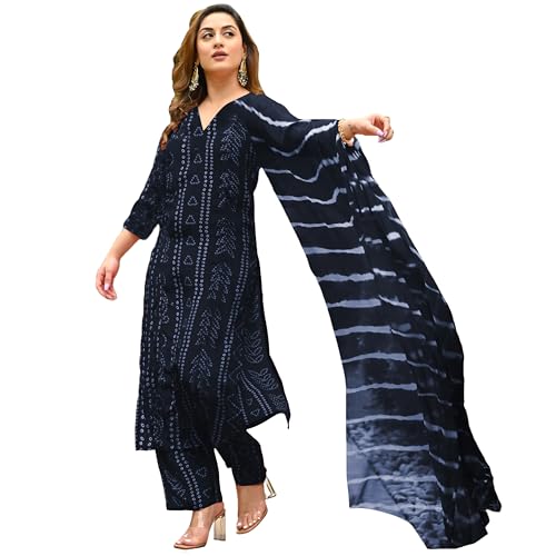 Image of ANNI Designer Women's Rayon Blend Straight Bandhej Printed Kurta with Pant & Dupatta