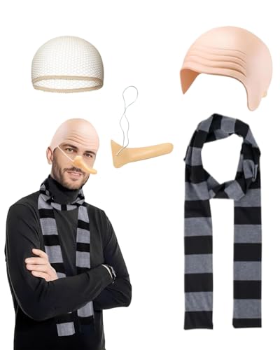Koongso Gru Costume Accessories for Adults - Bald Cap Fake Nose Wig Cap Striped Scarf 4 Pcs Movie Halloween Fancy Dress World Book Day Costumes for Adults
