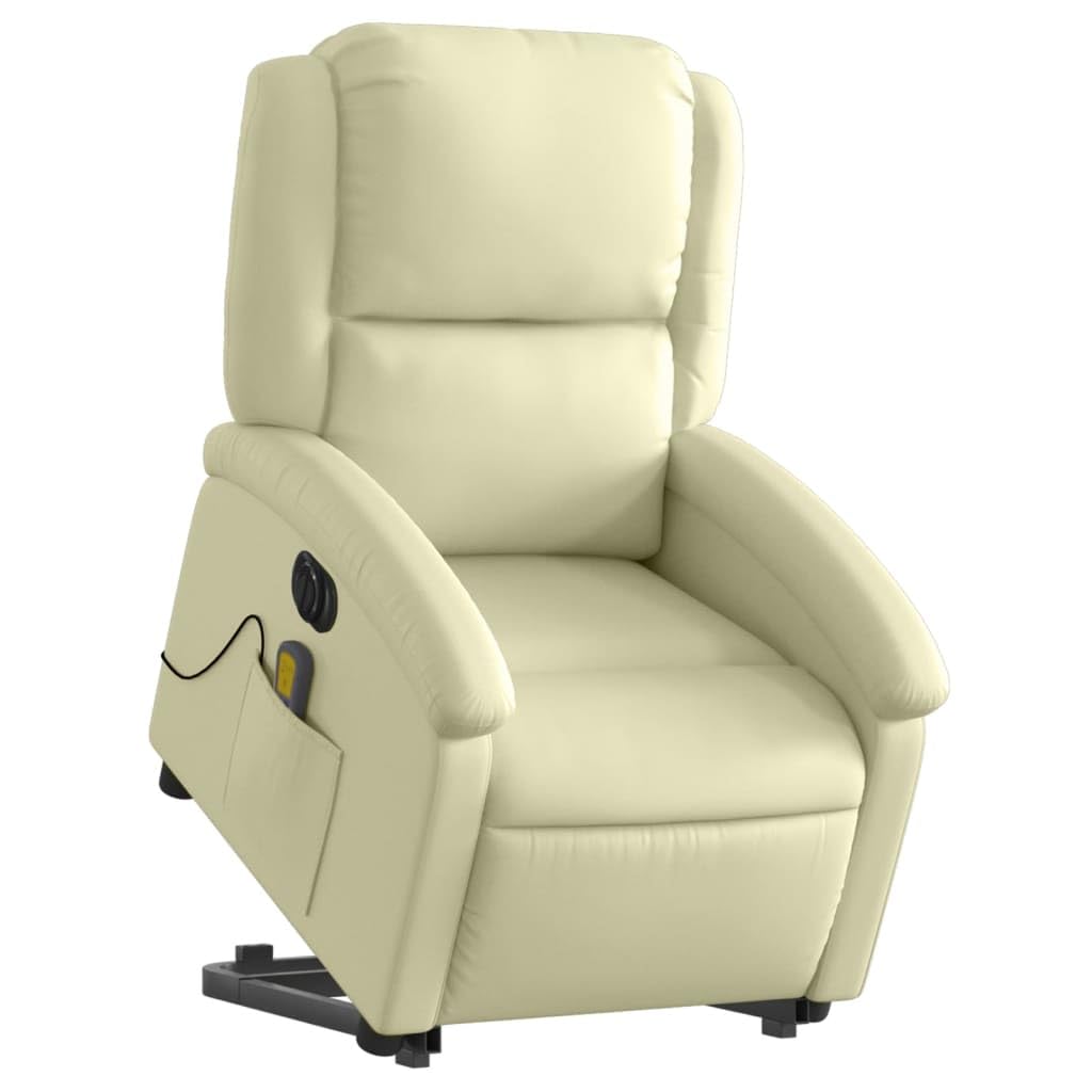 Massagesessel elektrisch mit Aufstehhilfe in Creme Echtleder, 6-Punkt Vibrationsmassage, verstellbare Rückenlehne bis 135 Grad, mit Holz-Metall-Gestell, Seitentasche für Fernbedienung