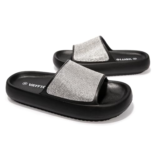 Image of Women's Cloud Rhinestone Slide Sandals Platform Glitter Slides Slip On Shower Shoes Outdoor&Indoor House Slippers