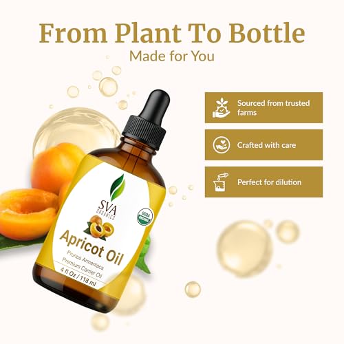 Image of SVA Organic Apricot Seed Carrier Oil with Dropper, 4 Fl Oz (118 ml) | Apricot Seed Oil for Face Care, Facial Oil, Skin Care, Hair Care, Body Oil, Body Massage, Dilution & DIY Beauty Blends