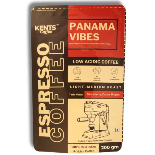 Image of Kents Coffee Panama Vibes Fine Grind Ground Coffee | LOW ACIDIC COFFEE | Light Medium Roast | Home Espresso Grind | Taste Like Fruity, Juicy, Tropical | Premium 100% Arabica Coffee | Freshly Roasted Grind | Espresso Grinded | CHIKMANGALUR | Single Estate Speciality Bean | Sun-Dried & Washed Arabica 200gm