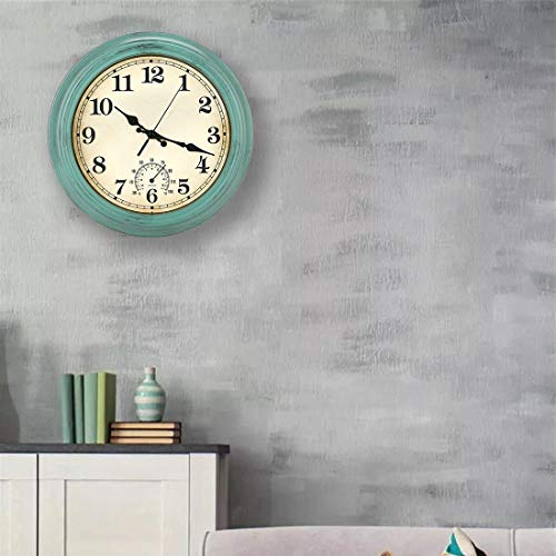 12 Inch Indoor/Outdoor Retro Waterproof Wall Clock With Thermometer,Vintage Battery Operated Silent Non Ticking Quartz Clock Wall Decorative For Kitchen/Bedroom/Living Room/Bathroom/Patio-Olive Green #TOP6