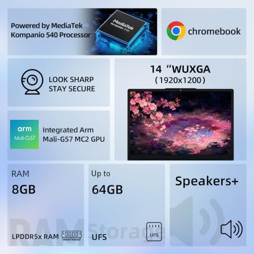 Image of Lenovo Chromebook, 14 inch WUXGA IPS Laptop, MediaTek Kompanio 540, ChromeOS