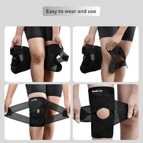 Image of Wonder Care Adjustable Wrap Knee Support Brace, Air Mesh Fabric Knee Brace Cap for Pain Relief, Sports, Arthritis, Running Protection [Black] (2, 3XL)