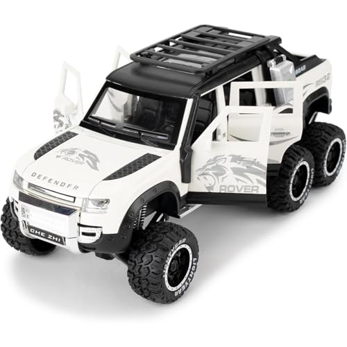 Image of 1:24 Scale Defender Toy Car 6 Wheel Diecast Metal Cars Model Defender Cars for Kids Boy Light Sound Pull Back Openable Door, White