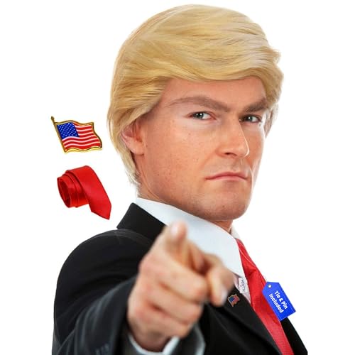 Image of ALLAURA 3pc Donald Costume Kit - Blonde Wig, Red Tie, Flag Pin - Compatible with Pres Donald Wig Halloween Costume for Adults, Couples, Cosplay, Political Events, Parody Outfits, Toupee Wig Look