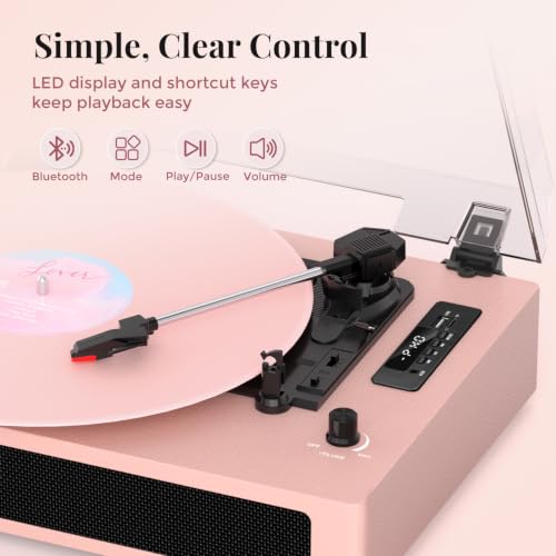Image of Vinyl Record Player 3 Speeds with Speakers, Bluetooth, USB Recording,Pink | Built-in stereo speakers, Digital display,USB /TF recording and playback, Shortcuts, auto stop, RCA output, AUX input, EQ