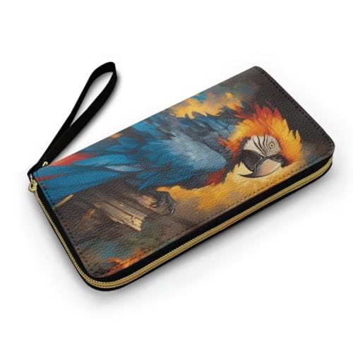 Oil Paint Parrot Travel Wallet for Women Retro Scarlet Macaw Bird Large Capacity Wristlet Clutch Bag, Colorful Long Zip Clutch Wallets for Women Coin Purse2