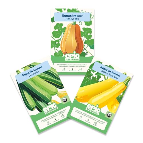 Epic Gardening Squash Seed Bundle - 3 Non-GMO Varieties, Includes Golden Zucchini, Cocozelle & Honeybaby, Perfect for Roasting, Soups, Baking & Versatile Cooking, Great for Backyard Gardens