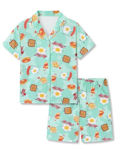 Beezizac Cozy Pajamas for Boys Coat Style Breakfast Bites Button Down 2-Piece PJ Set Size 12