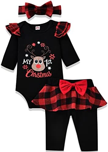 Aalizzwell Baby Girl Christmas Outfits, Infant Girls My First Christmas Bodysuit Buffalo Plaid Pants Xmas Clothes 3 - 6 Months
