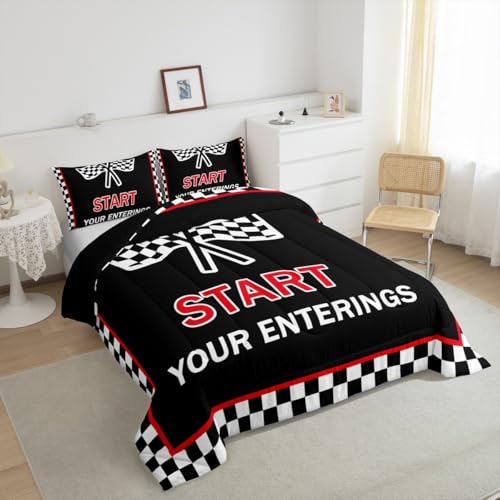 Image of Feelyou Kids Racing Car Duvet Insert Full Size, Checkered Flags Bedding Set Race Sports Flag Comforter Set Boys Girls Teens Bedroom Decor 3Pcs