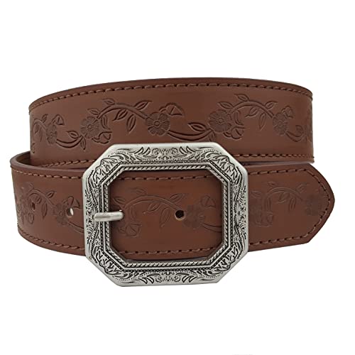 Trendy Floral Tooled Belt with a silver floral etched buckle