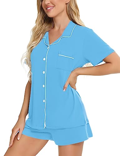 Image of SWOMOG Womens Button Down Pajamas Set Short Sleeve Sleepwear Bride Soft Pj Lounge Sets XS-3XL