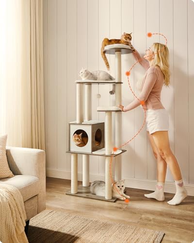 Feandrea Kratzbaum, 165 cm hoher moderner Katzenbaum, Katzenhaus mit 5 Kratzsäulen, waschbare abnehmbare Kissen, Plattform, Katzenhöhle, Katzenmöbel für Wohnungskatzen, Greige PCT166G01 – Bild 3