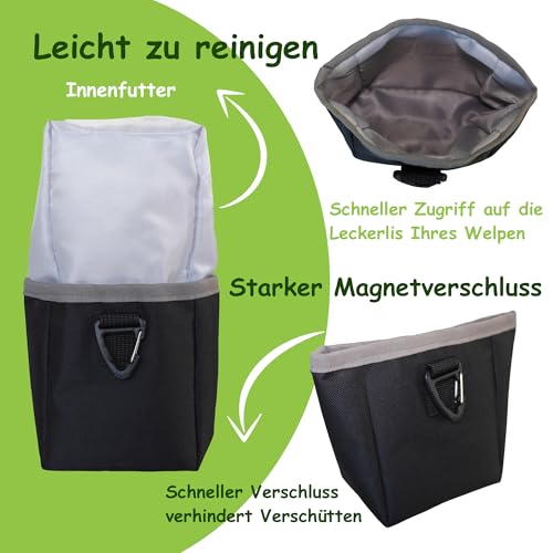 Hundetasche Bauchtasche mit Leckerli-Tasche & 2 Wasserflaschenhalter, Leichte Futterbeutel Hunde mit Kotbeutelspender, Gürteltasche Hüfttasche verstellbar, 2-in-1 für Gassi, Training, Wandern, Schwarz