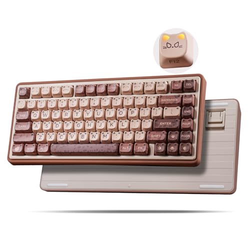 Image of ZORNHER UR82 Mechanical Keyboard,75% Wireless Creamy Gaming Keyboard with Cute Leopard Cat Kawaii Glowing Kitty Ear Mao Keycaps, Aesthetics Compact Brown Keyboard for Home Office,Coffee Brown