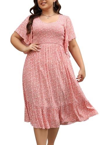 Image of Keluummi Plus Size Wedding Guest Midi Dress for Curvy Women, Summer Casual Boho Floral Empire Waist Party Dress with Pockets(18 Plus, 03 - Pink Floral)