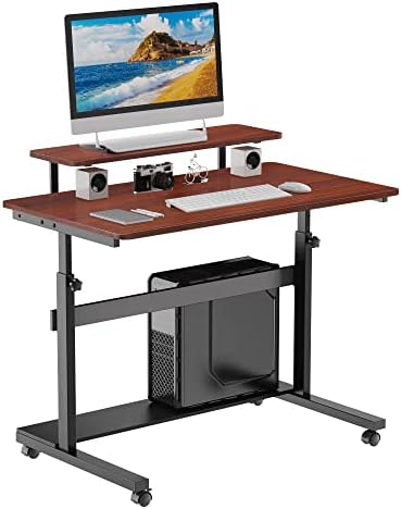 EUREKA ERGONOMIC Mobile Height Adjustable Standing Desk,41 Inch Rolling Stand Up Computer Workstation with Monitor Shelf, Portable Home Office Desk with Wheels,CPU Stand & Detachable Hutch, Teak