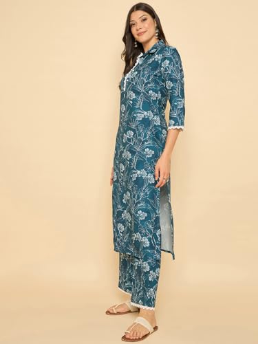 Image of SheWill Women Cotton Blend Floral Printed Straight Kurta with Mandarin Collar, Button Detailing, and 3 /4th Sleeves Paired with Matching Printed Pants