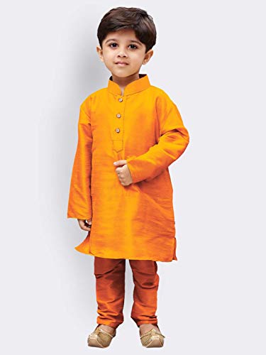 Image of VASTRAMAY Boys' Saffron Silk Blend Kurta Pyjama Set with Muslim Prayer Cap & Full-Length Slip-On Pyjama with Elastic Waistband - Ethnic Wear for Eid