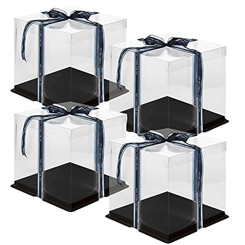 Caja transparente para tartas, 4 unidades, caja transparente para pasteles con cinta para pasteles, 10 x 10 x 9 pulgadas, caja de regalo transparente con tapa para fiesta de boda y exhibición de 2