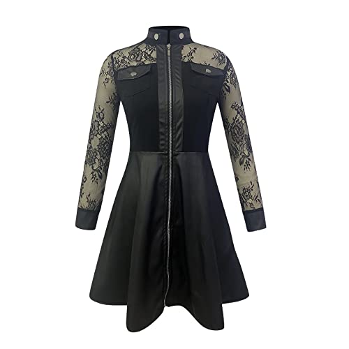 Lace Sleeve Full Zip Through Mini Dress Stand Collar Flowing Dress Faux Leather Jacket A Line Punk Plus Size Cocktail2