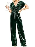 YMDUCH Women's Casual Short Sleeve Belted Long Wide Leg Pant One Piece Jumpsuit Darkgreen