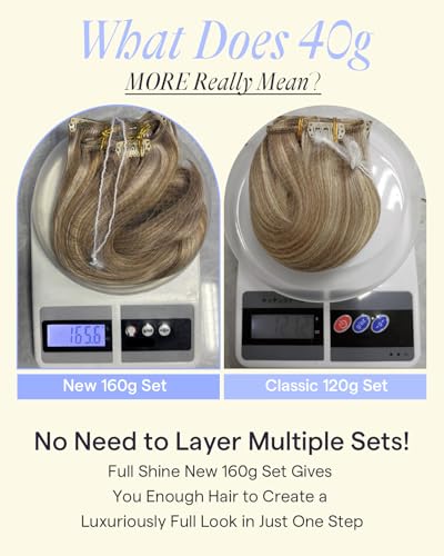 Image of Full Shine Thick Clip in Hair Extensions Real Human Hair, 18 Inch 160g 7Pcs | Dark Blonde Mix Light Blonde Highlights Clip ins for Women, Seamless Invisible Fit for Volume, Parties & Photoshoots