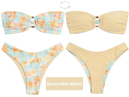 Image of ZAFUL Women's Bandeau Bikini O Ring Strapless Tie Back High Cut Two Piece Swimsuit Bathing Suits