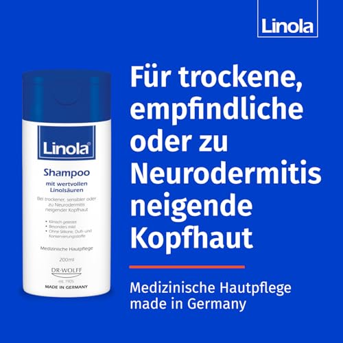 Linola Shampoo, 1 x 200 ml - Pflegeshampoo für trockene, empfindliche oder zu Neurodermitis neigende Kopfhaut - silikonfrei, ohne Farb-, Duft- und Konservierungsstoffe