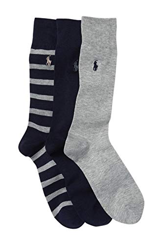 Polo Ralph Lauren 3 Pairs of Mens Casual Dress Trouser Socks 10-13 (Navy Grey Striped)