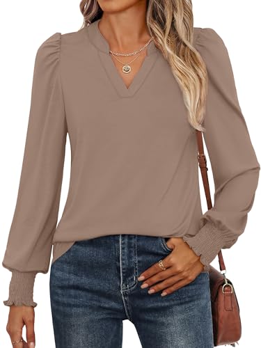 ANRABESS Women's Puff Long Sleeve Shirts V Neck Loose T-Shirts Dressy Casual Work Blouses 2025 Fall Tops Trendy Clothes Khaki XL