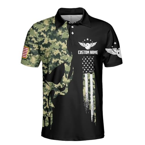 Bowling Ball and Pins Skull camough Flag Customized Name 3D Shirt, Personalized Bowling Jersey for Men and Women, Team Bowling Polo Shirts, Mens Bowling Shirts2